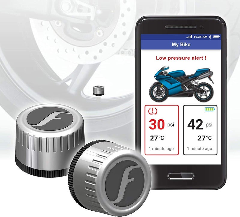FOBO Bike 2 TPMS (Silver) - Wireless Tire Pressure Monitoring System with Bluetooth 5.0 | Real-Time Tire Pressure Sensor | Easy DIY Installation for Motorcycle | Compatible with iOS & Android - Image 1